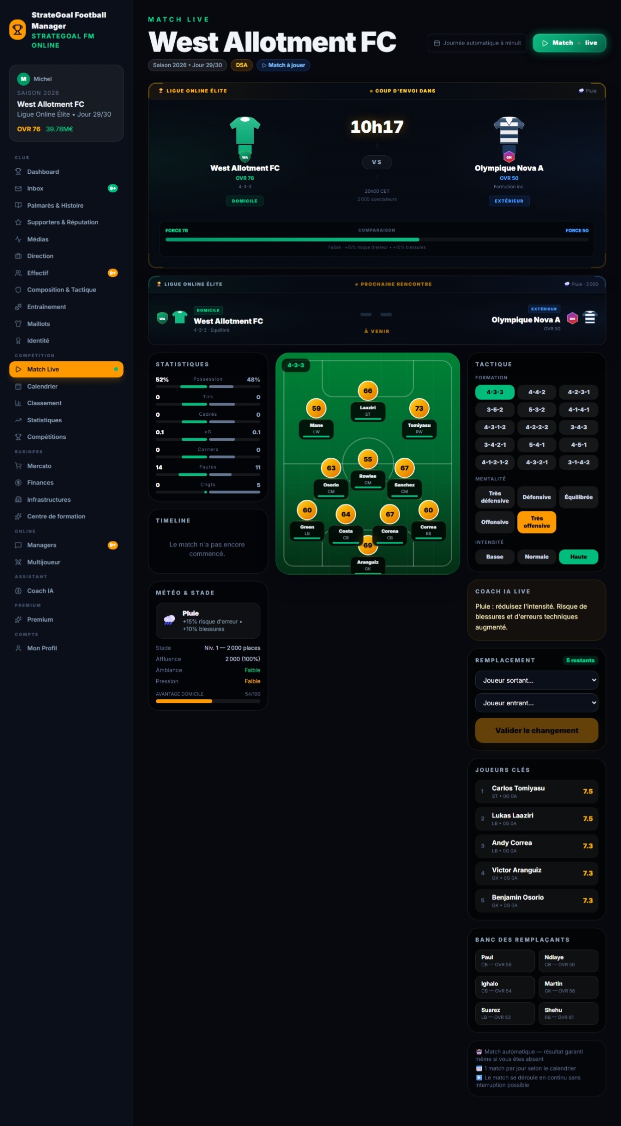 StrateGoal Football Manager — Match Live — Tactique & Stats